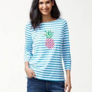 Tommy Bahama S pineapple embroidered blue/white striped 3/4 sleeve tee